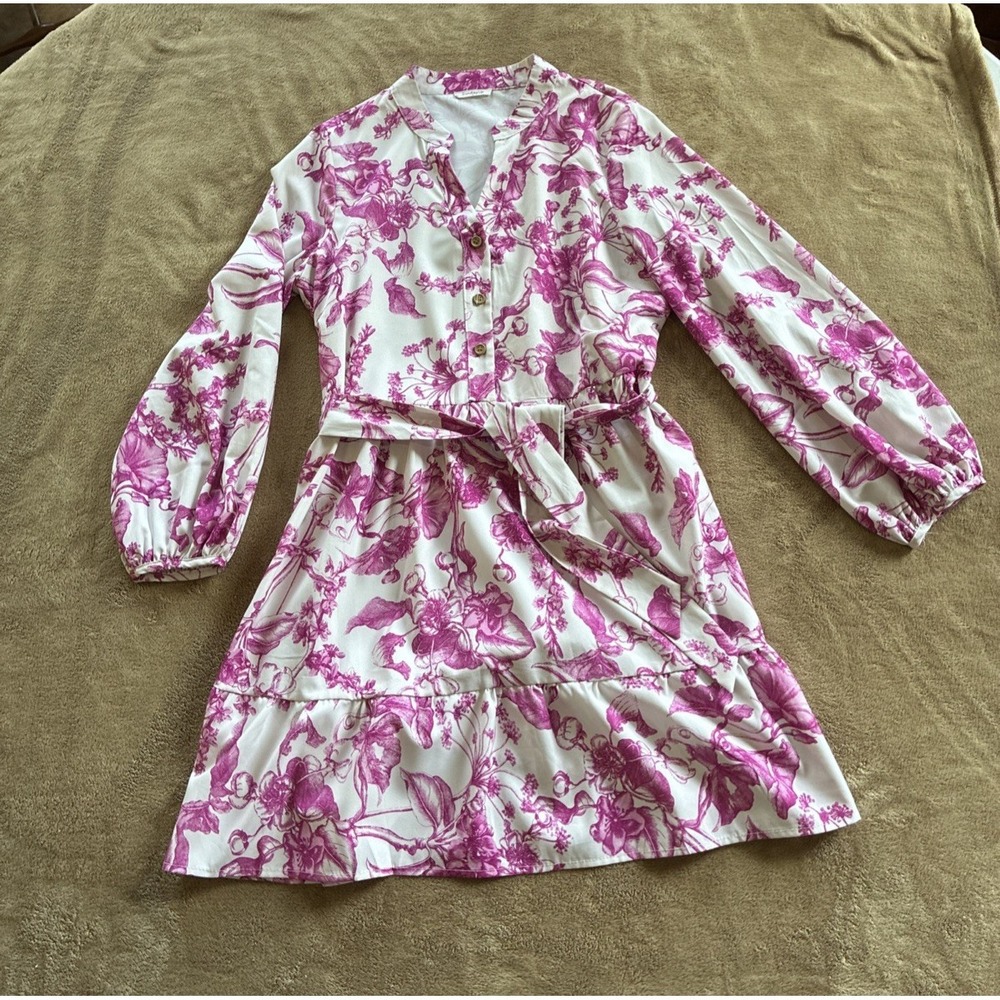 Women's‎ Dress Medium White Pink Floral Print Coquette Feminine Bridgerton Vibes